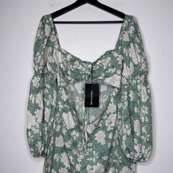 PrettyLittleThing Petite Sage Floral Print Cut Out Mini Dress Size 12 - Picture 6 of 10